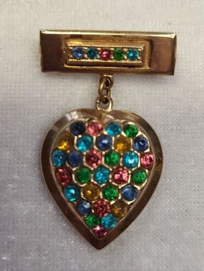 Vintage Confetti Rhinestone Heart-shaped Bar Pin Brooch / Pin